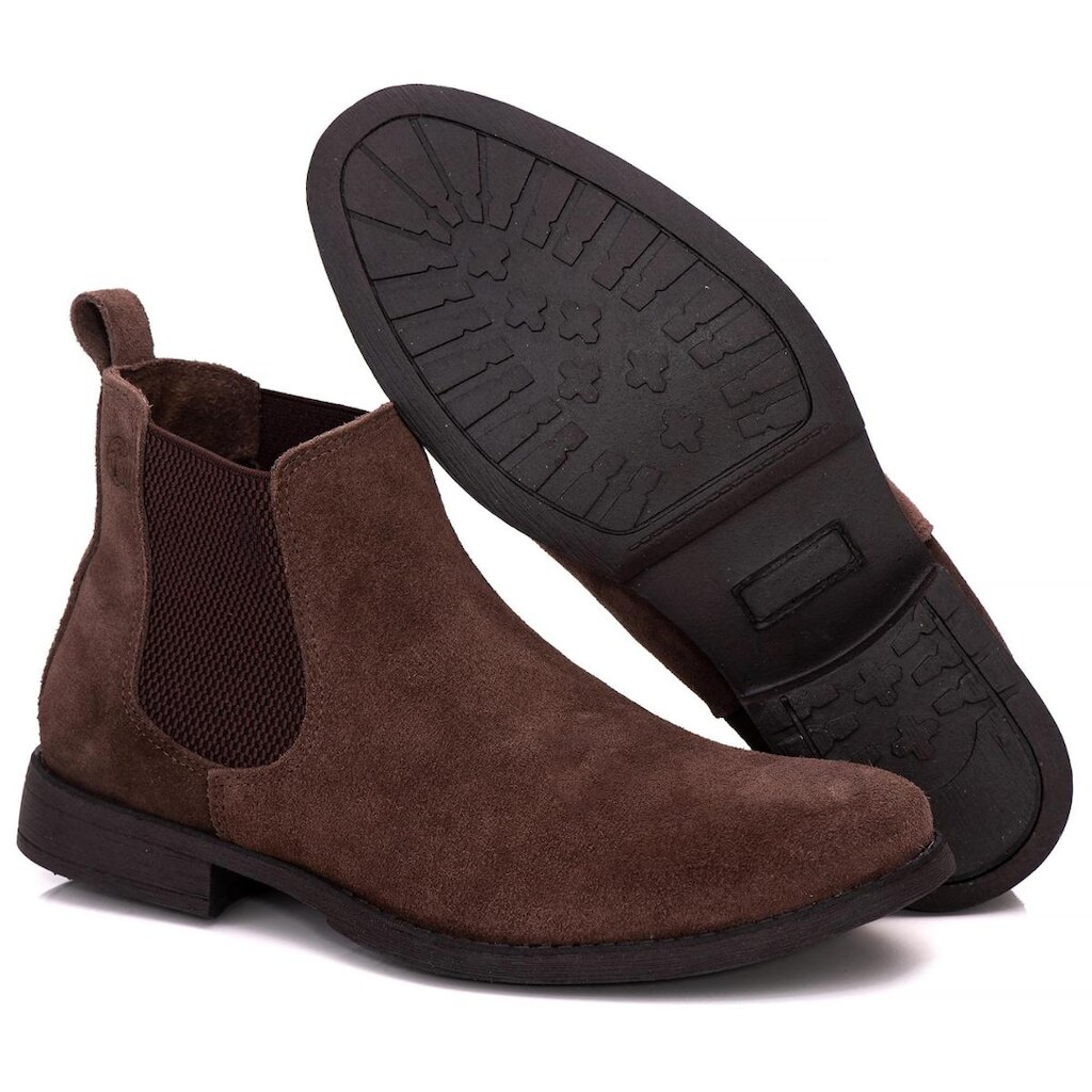 Botina Chelsea Areia Casual Masculina Couro Legítimo Camurça Costurada com Palmilha Gel