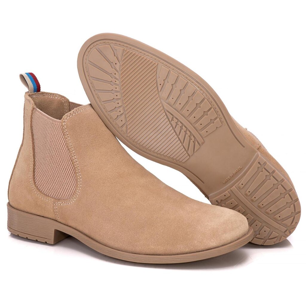 Botina Chelsea Areia Casual Masculina Couro Legítimo Camurça Costurada com Palmilha Gel
