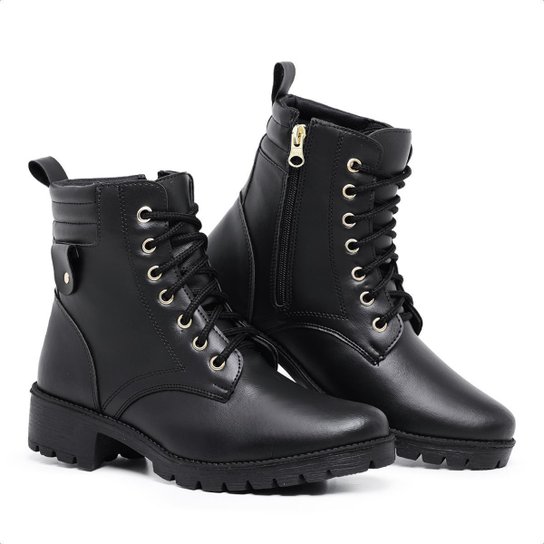 Botinha Feminina Coturno Cano Curto Bota Militar Zíper Confortável