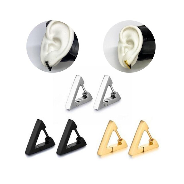 Brinco Argola Masculino Feminino Triangular Geométrico Triângulo Prata Preto Dourado Aço Inox