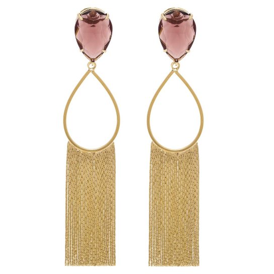 Brinco Banho De Ouro Com Gota Cristal E Franja - Dourado