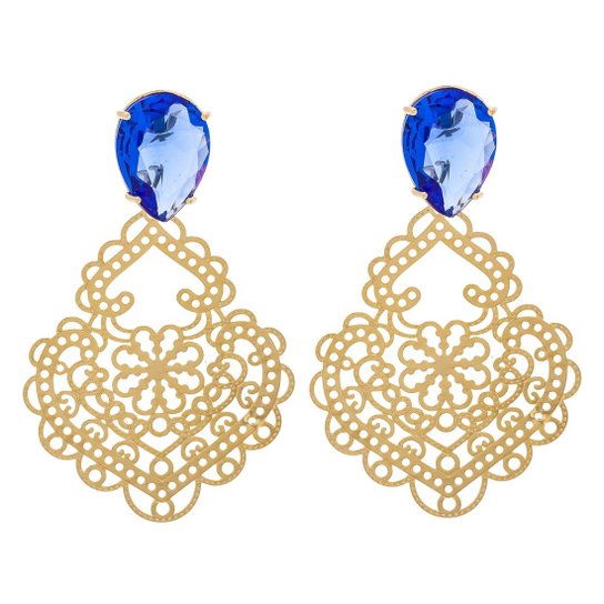 Brinco Banho De Ouro De Renda E Cristal Gota - Azul