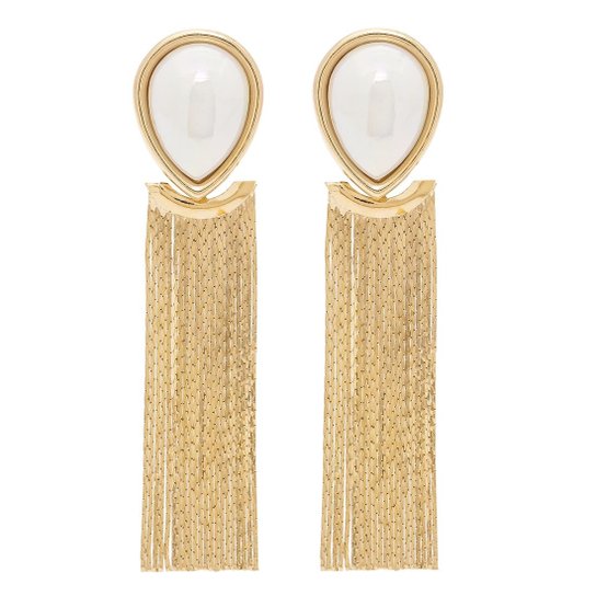 Brinco Banho De Ouro Gota De Perola Com Franja - Off White