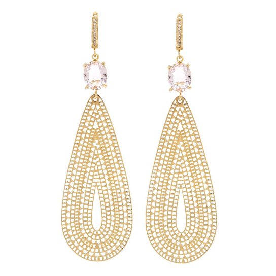 Brinco Banho De Ouro Gota Longo E Cristal - Rosa