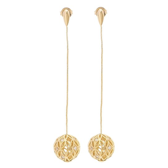 Brinco Banho De Ouro Longo Com Pingente De Bola E Zirconias - Dourado