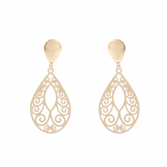 Brinco Bijoulux Gota com Detalhe Arabesco Folheado a Ouro 18K - Dourado