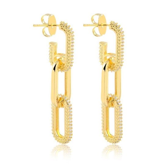 Brinco elos cravejado com zircônia folheados em ouro 18k - Dourado