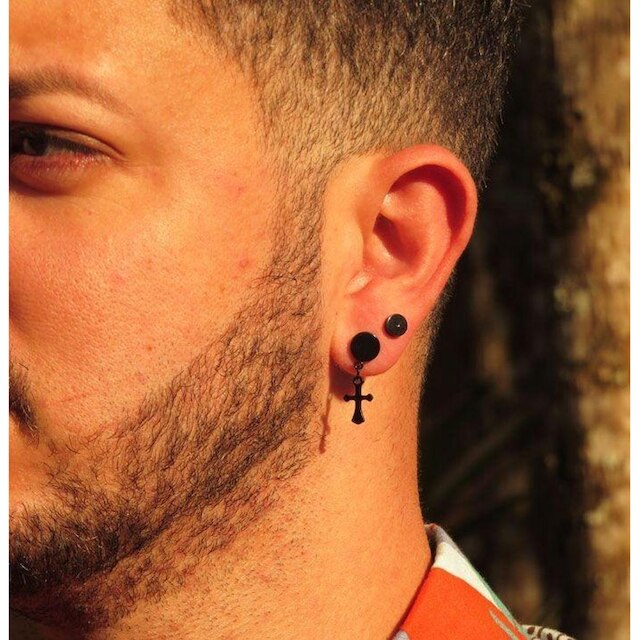 Brinco Masculino Falso Alargador 6mm Preto - PAR