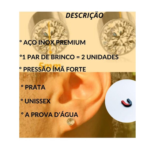 Brinco Pressão Magnético Ponto de Luz 5mm Aço Inox - PAR