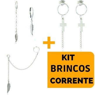 Brincos com Corrente em Aço com Pingentes - Kit 3 Pares