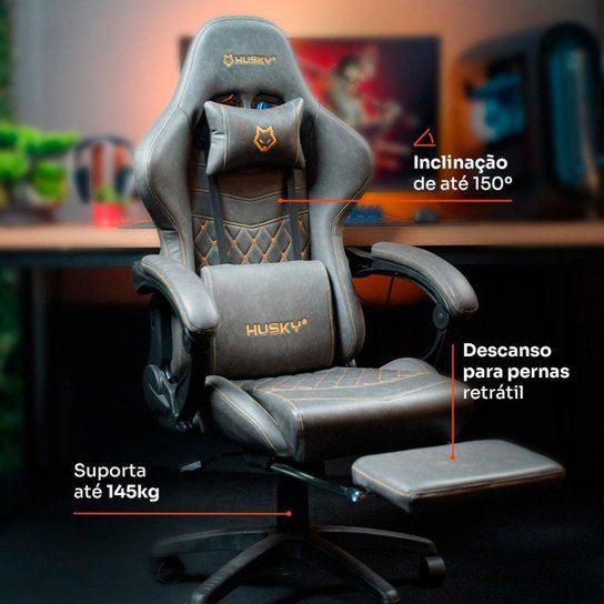 Cadeira Gamer Husky Tempest 700, Até 145kg, Almofadas, Reclinável 150º, PU, Descanso para Pés