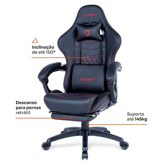Cadeira Gamer Husky Tempest 700, Até 145kg, Almofadas, Reclinável 150º, PU, Descanso para Pés