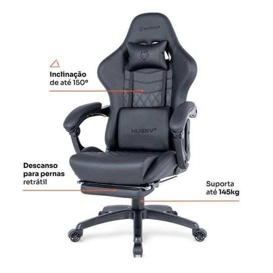 Cadeira Gamer Husky Tempest 700, Até 145kg, Almofadas, Reclinável 150º, PU, Descanso para Pés