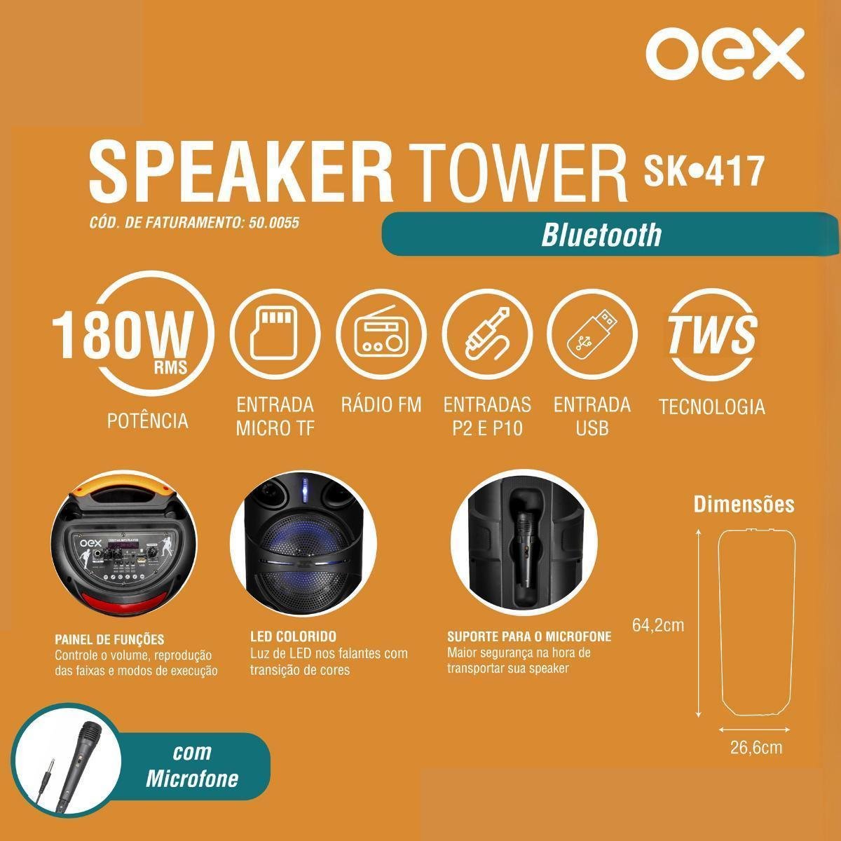 Caixa de Som Bluetooth Oex Tower 180W SK417 | Zattini