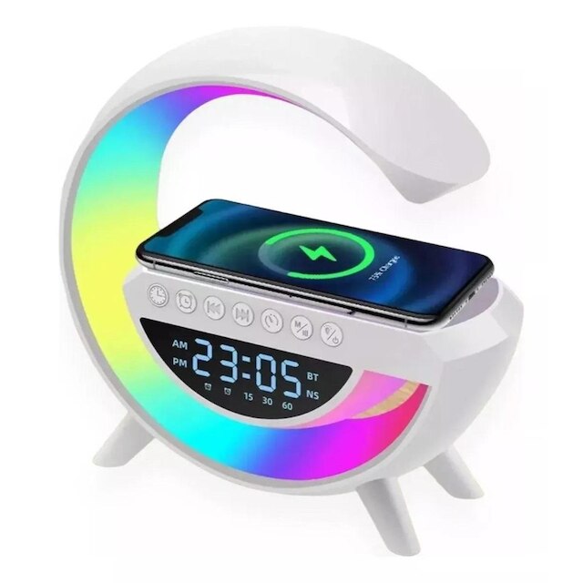 Caixa de Som Speaker Bluetooth Abajour Led G Relógio com Carreg Indução Led Rgb