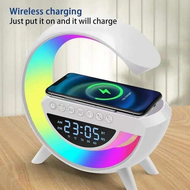 Caixa de Som Speaker G Relógio Abajour Bluetooth com Carreg Indução Led Rgb