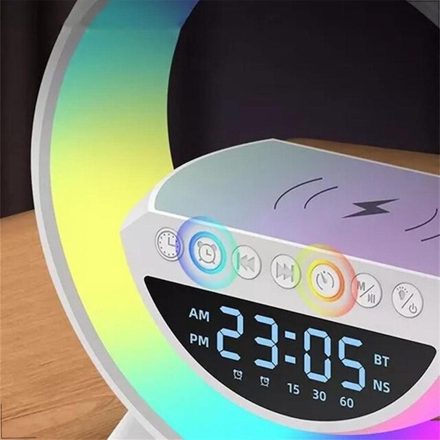 Caixa de Som Speaker G Relógio Abajour Bluetooth com Carreg Indução Led Rgb