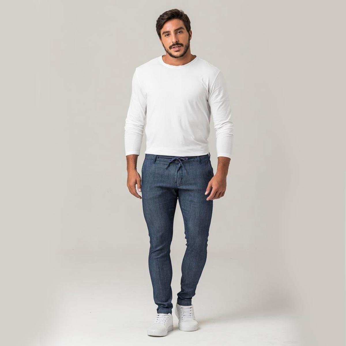 Calça Alfaiataria Jeans Zune Masculina Skinny Casual - Azul Escuro Menor preço em Calça Alfaiataria Jeans Zune Masculina Skinny Casual - Azul Escuro