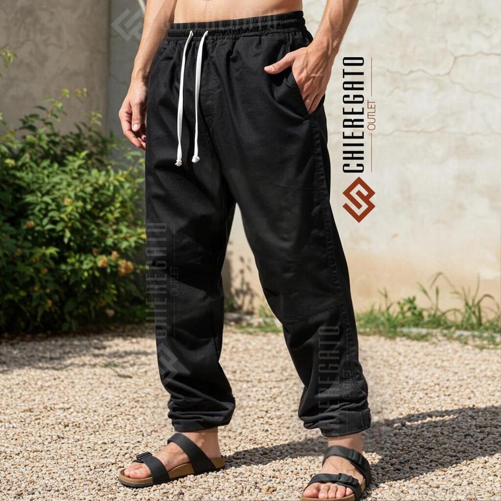 Calça Baggy Masculina Alfaiataria Preta Linho Casual Reta