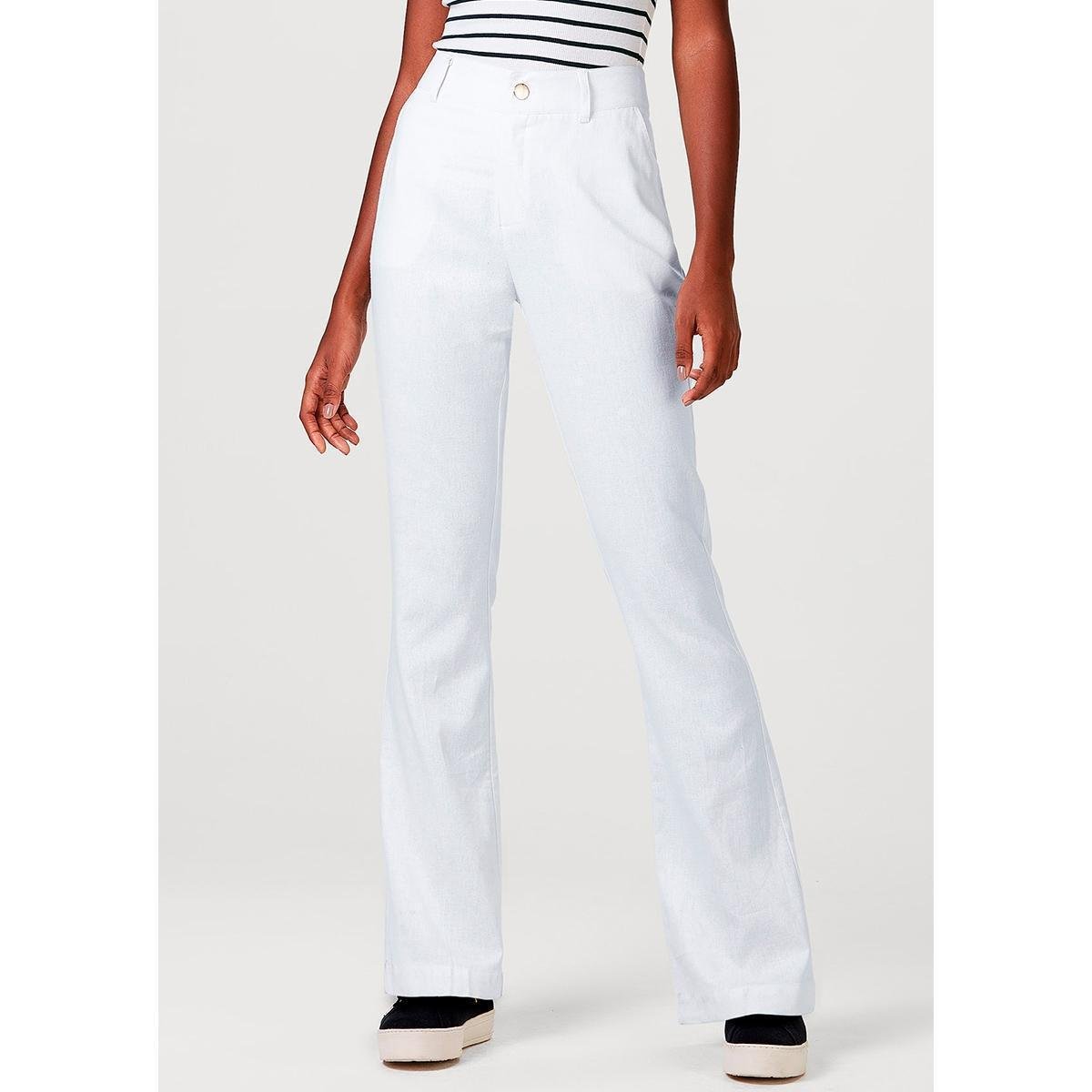 Calça Básica Flare Em Linho Hering Feminina - Branco Menor preço em Calça Básica Flare Em Linho Hering Feminina - Branco