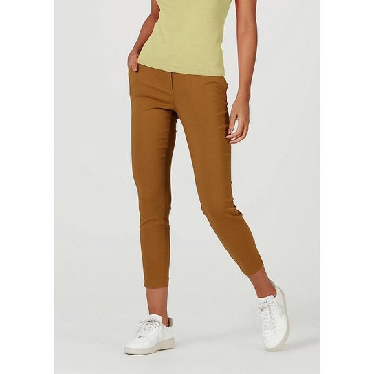 Calça Básica Hering Skinny Em Tecido Linho Feminina - Marrom