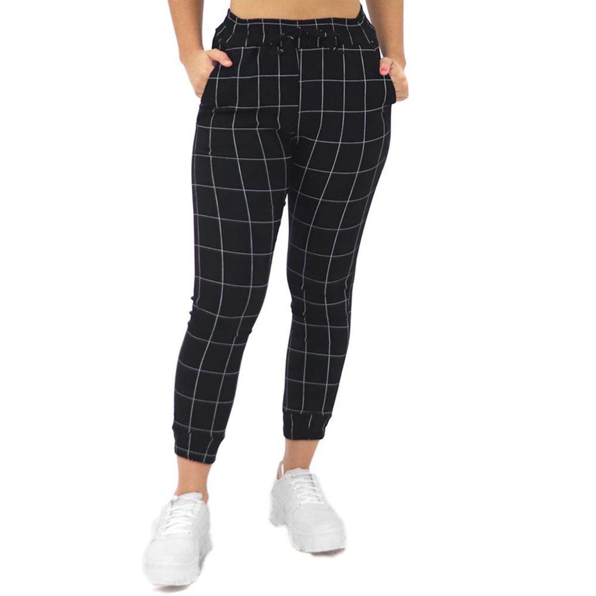 Bengaline Calça Xadrez Jogger Calça Bengaline Xadrez Jogger