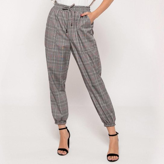 Calça Bisô Jogger Xadrez Feminina - Cinza