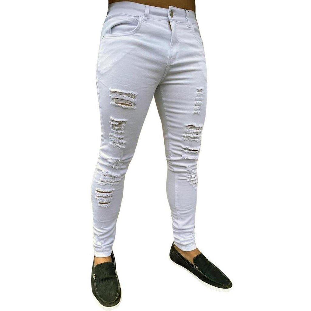 Calça Branca Destroyed Rasgada Super Skinny Masculina
