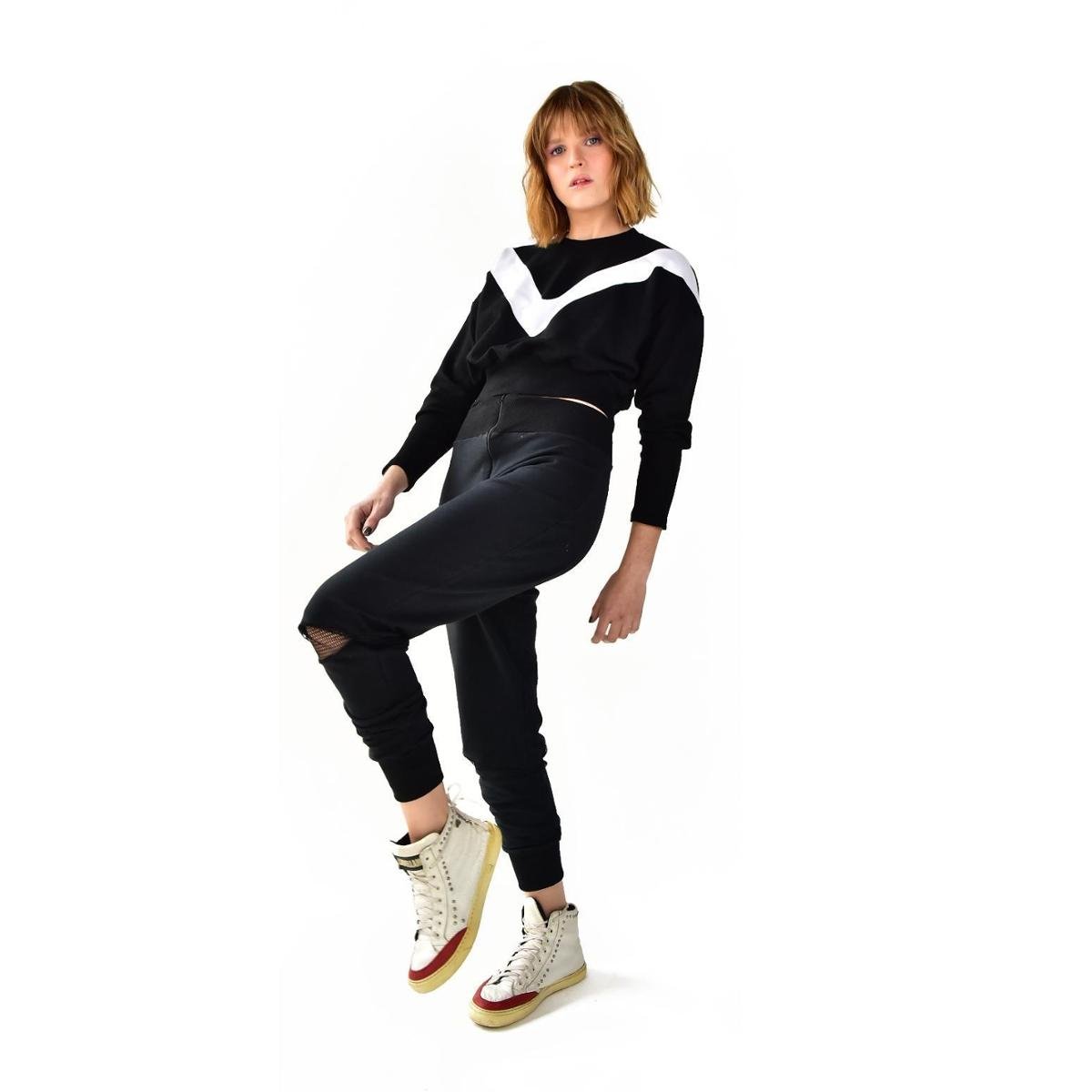 Calça Brohood Moletom Jogger Skinny Feminina - Preto+Bege Menor preço em Calça Brohood Moletom Jogger Skinny Feminina - Preto+Bege