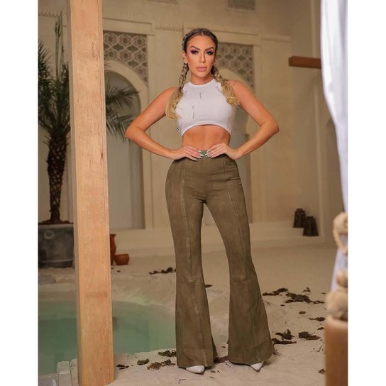 Calça Camurça Flare Feminina Cintura Alta 90441 Verde Militar