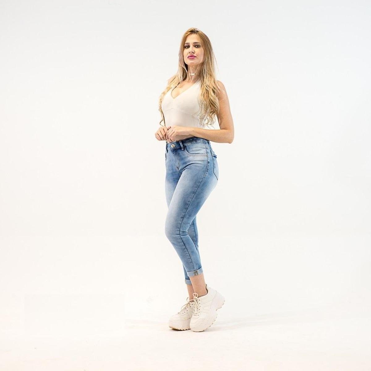 Calça Capri Jeans Imporium Cintura Alta Cós Alto Feminina - Azul Menor preço em Calça Capri Jeans Imporium Cintura Alta Cós Alto Feminina - Azul