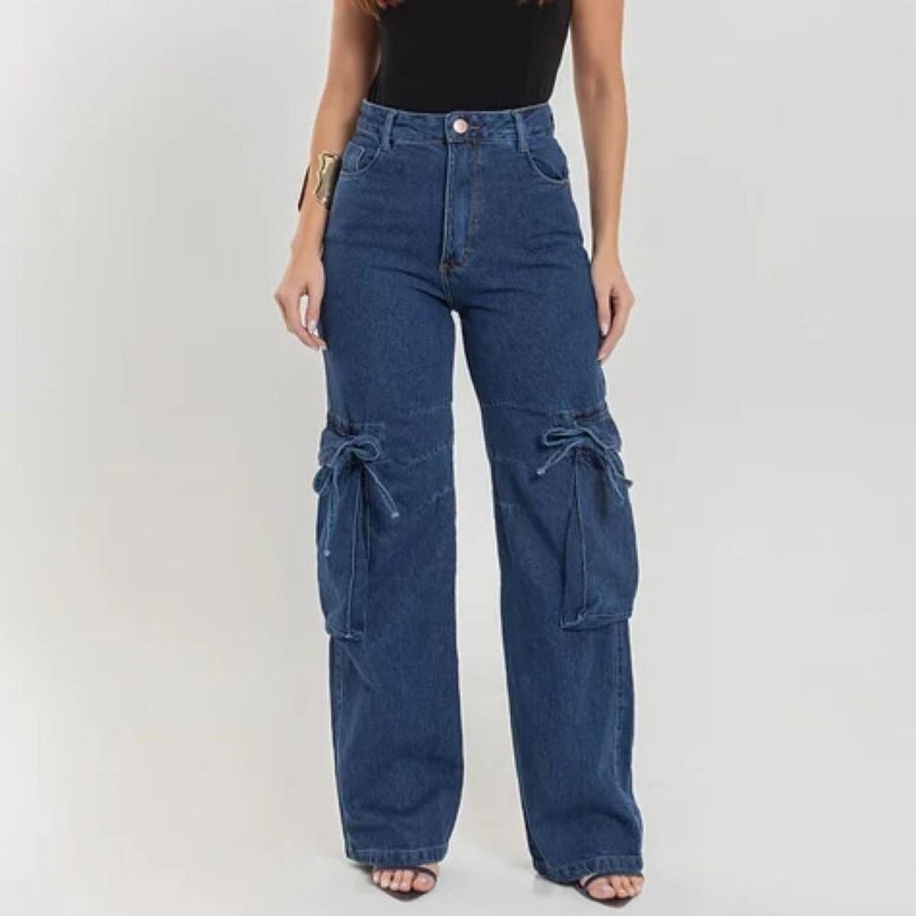 Calça Cargo Feminina Moda Jeans Wide Leg Denim Bolso Lado