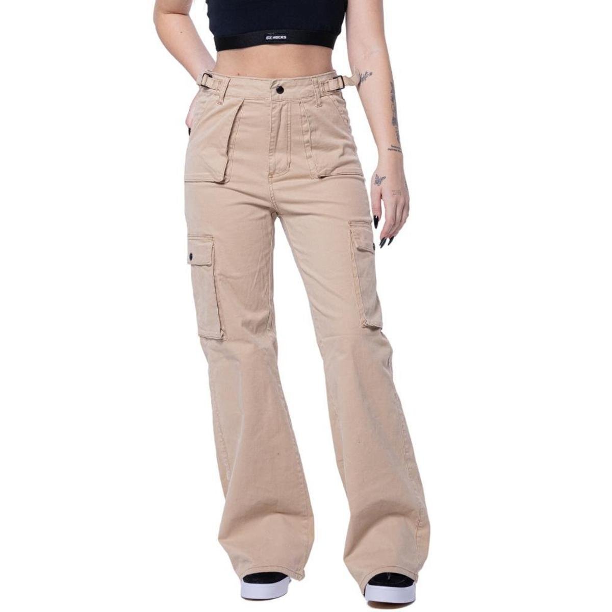 Calça Cargo Feminina Sarja Hocks Popular Bege 24-263 - Bege Menor preço em Calça Cargo Feminina Sarja Hocks Popular Bege 24-263 - Bege