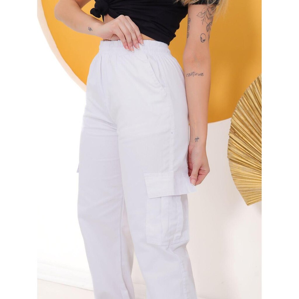 Calça Cargo Sarja Feminina Wide Leg com Elástico
