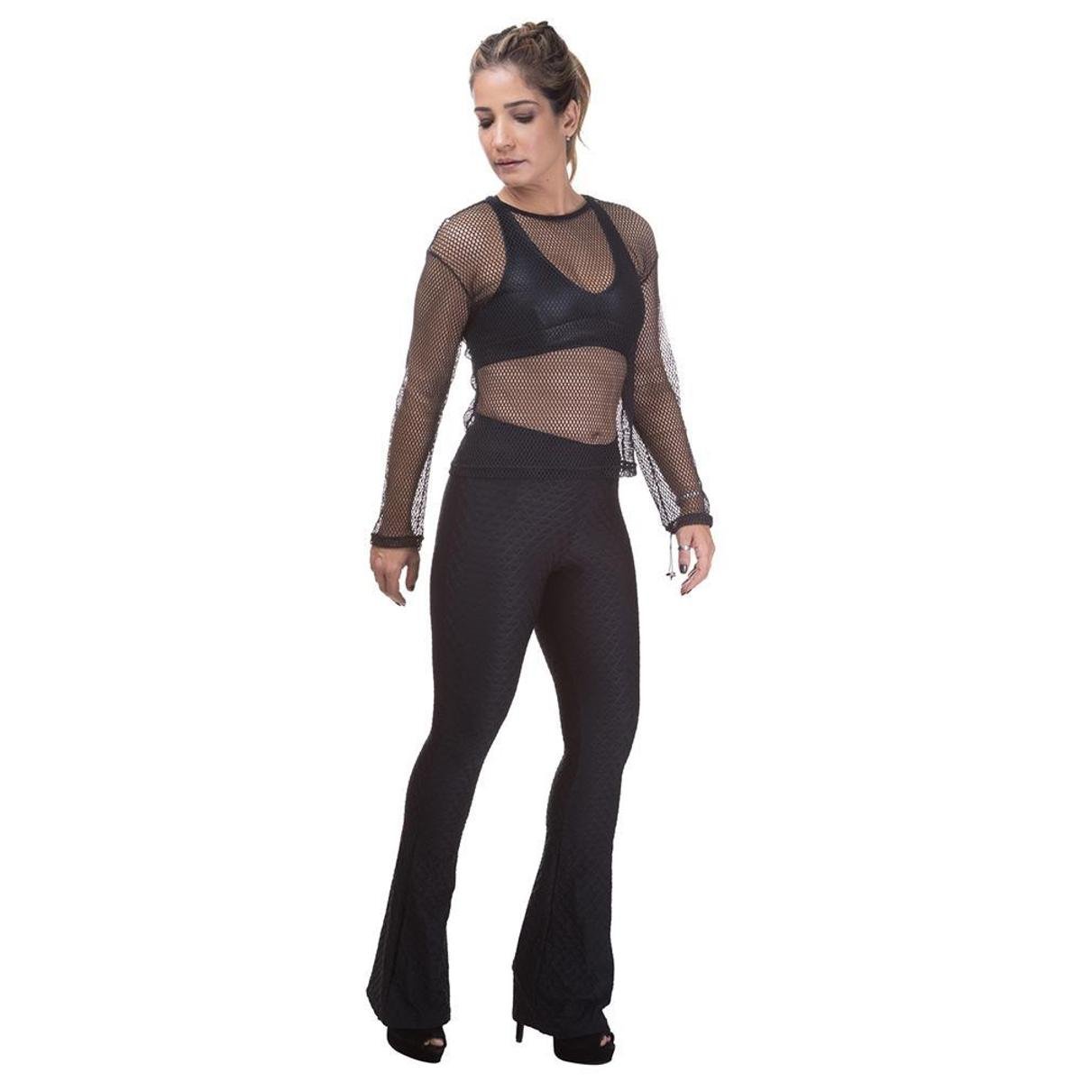 calça flare jacquard preta