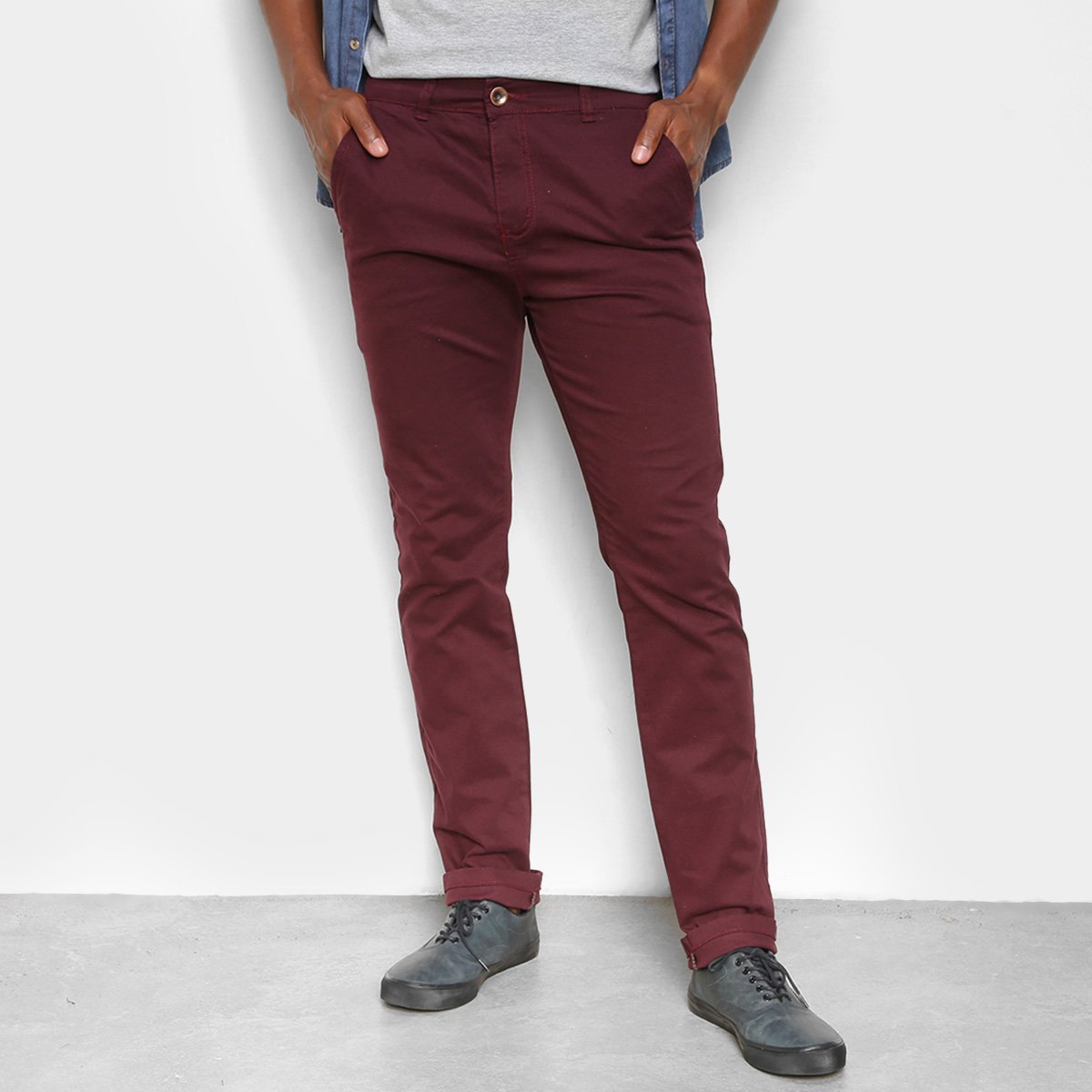 Calça Coffee Chino Slim Masculina - Vinho Menor preço em Calça Coffee Chino Slim Masculina - Vinho