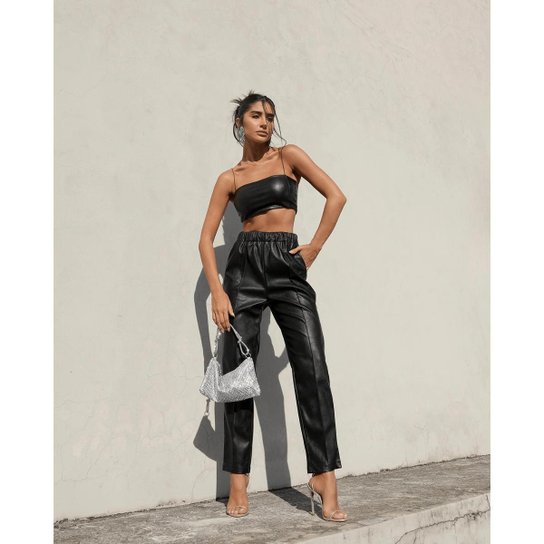 Calça Couro Mom Feminina Cintura Alta Elástico No Cós 90458 Preto