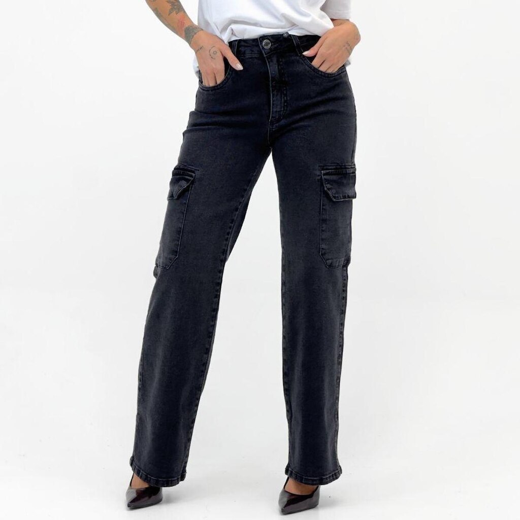 Calça Daksul Jeans Wide Leg Cargo Estonada Feminina