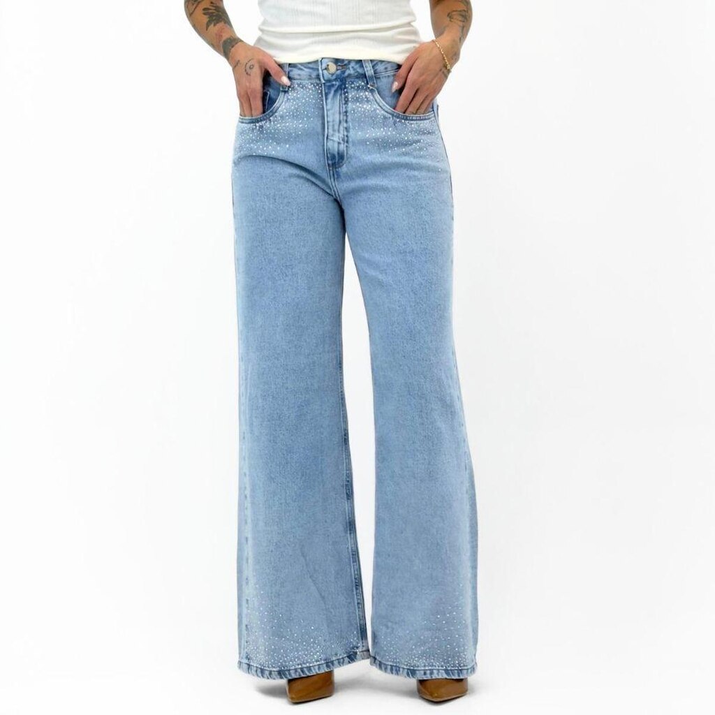 Calça Daksul Wide Leg Jeans com Strass Feminina