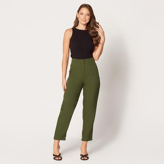 Calça de Alfaiataria Cintura Alta Verde Militar