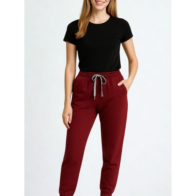 Calça de Moletom Feminina Jogger Básica Bordô Forrado Felpudo Flanelado com Bolso