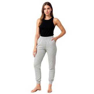 Calça de Moletom Feminina Jogger Básica Cinza Felpudo Flanelado com Bolso