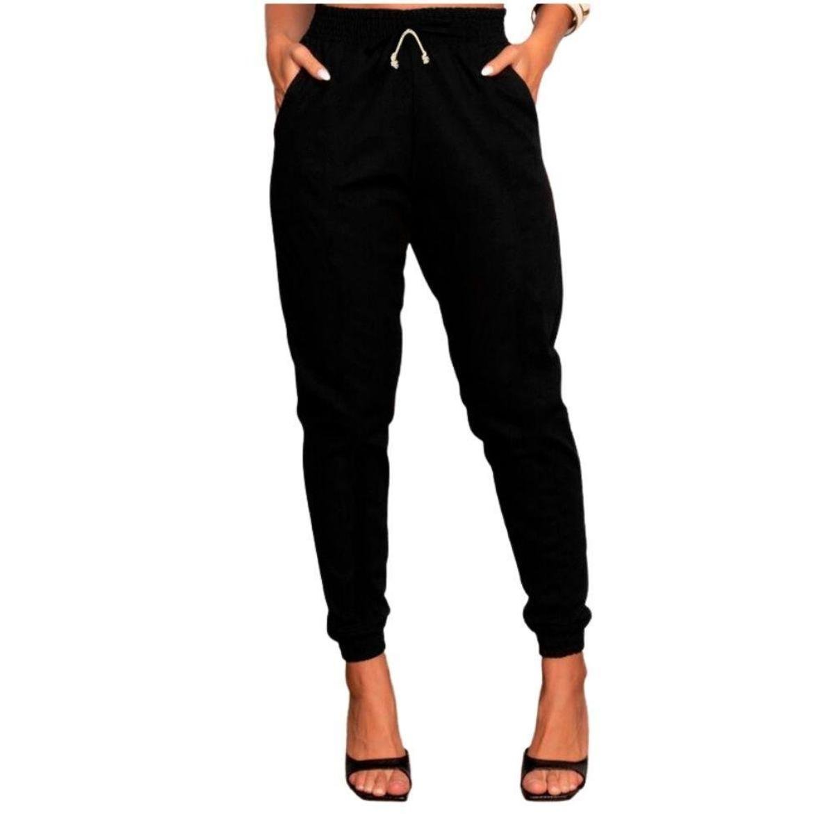 Calça De Sarja Com Elastano Feminina Jogger Com Bolsos Laterais - Preto Menor preço em Calça De Sarja Com Elastano Feminina Jogger Com Bolsos Laterais - Preto