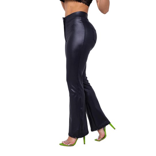 Calça Disco Hot Pants Flare Em Cirré Couro Com Bolsos Zíper E Botão Confortável WOLFOX