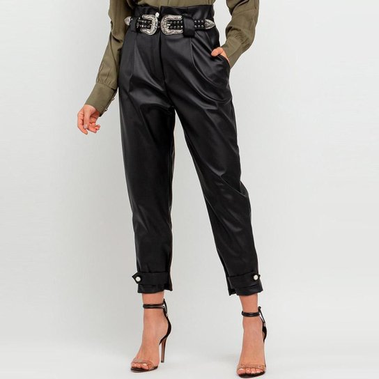 Calça Elora Clochard Couro Feminina - Preto