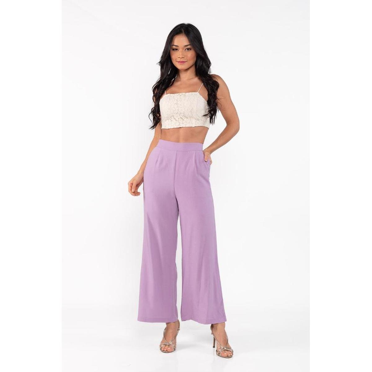 Calça em linho pantacourt elastico na cintura - Lilás Menor preço em Calça em linho pantacourt elastico na cintura - Lilás