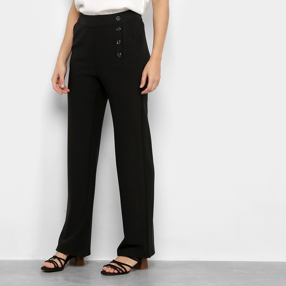 Calça Facinelli Reta Maxi Botões Cintura Média Feminina - Preto Menor preço em Calça Facinelli Reta Maxi Botões Cintura Média Feminina - Preto
