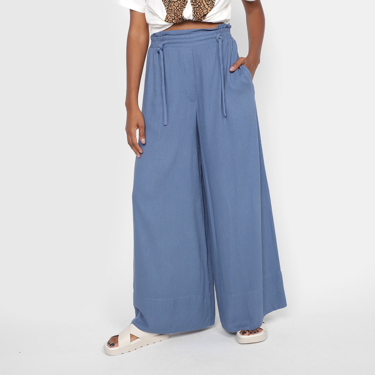 Calça Farm Pantalona Amarração Feminina - Azul Menor preço em Calça Farm Pantalona Amarração Feminina - Azul