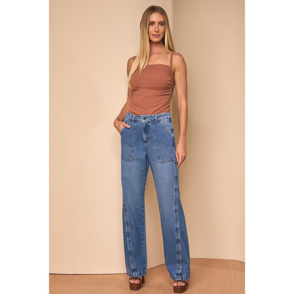 CALCA FEM WIDE LEG LADO AVESSO JEANS AZUL