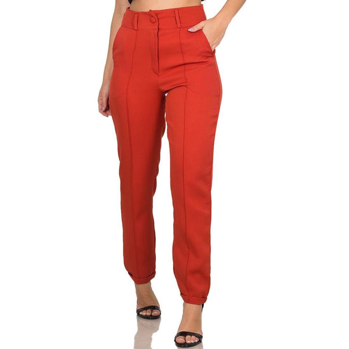 Calça Feminina Alfaiataria Bolsos Cintura Alta Lisa Barra - Laranja Escuro Menor preço em Calça Feminina Alfaiataria Bolsos Cintura Alta Lisa Barra - Laranja Escuro